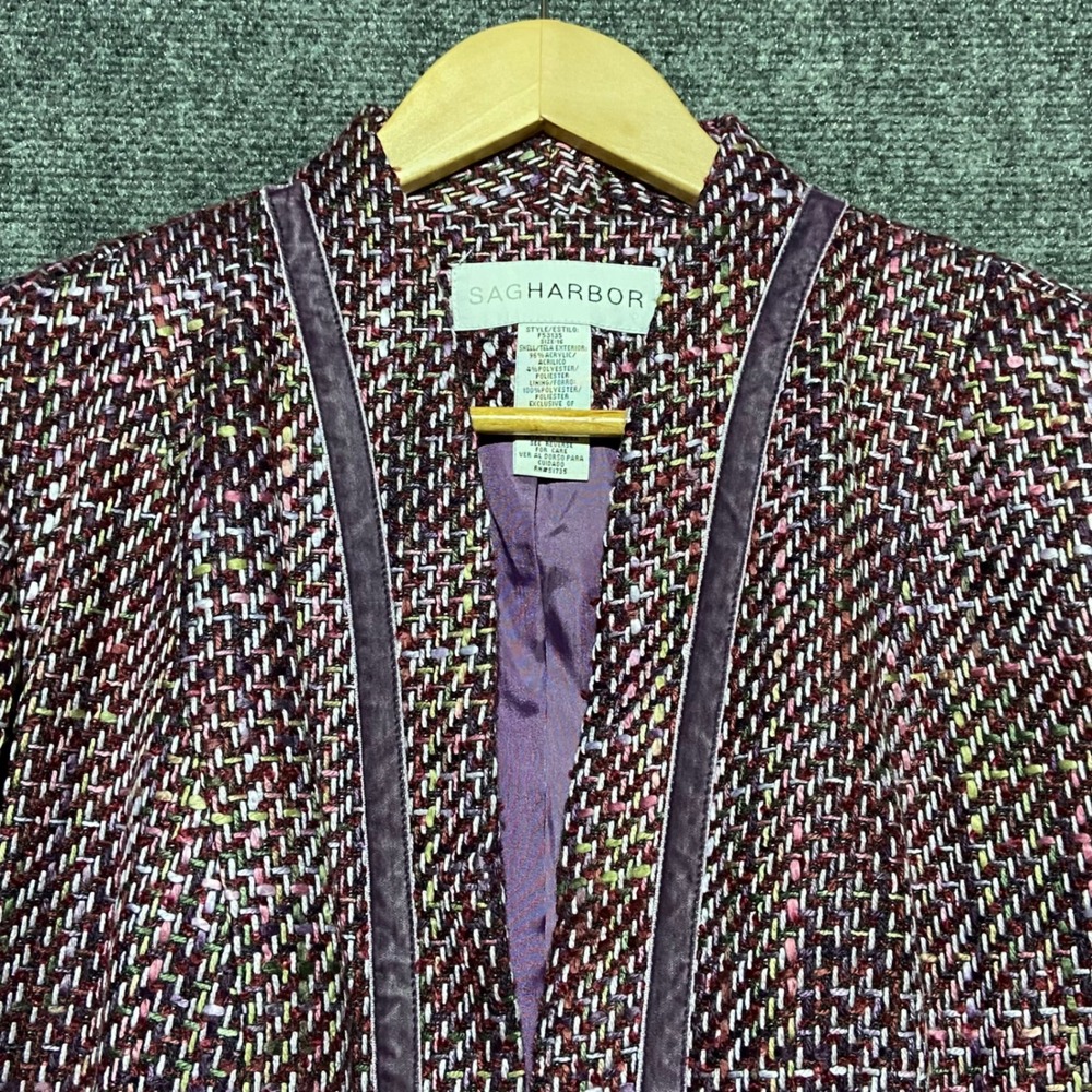 Sag Harbor Womens Purple Tweed Novelty Jacket Size 16 Velvet Trim Open Front NWT - Picture 3 of 12